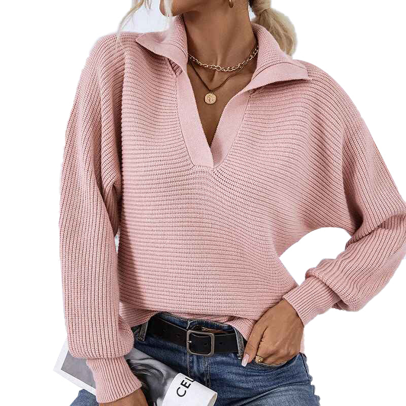 Pink-Womens-Overized-Puff-Long-Sleeve-V-Neck-Knitted-Polo-Pullover-Sweater-Jumper-Tops-K452