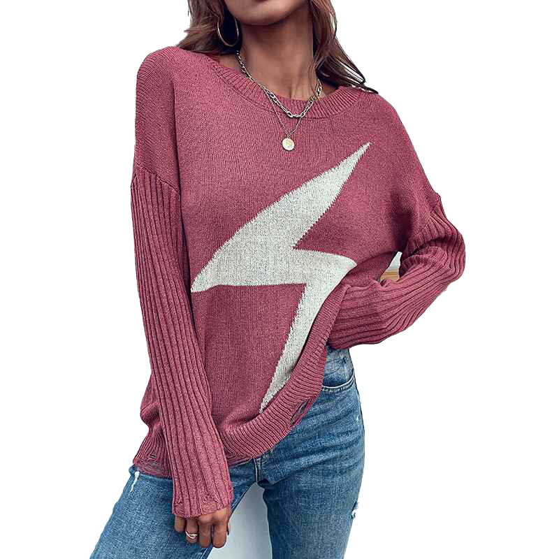 Pink-Womens-Pullover-Jumper-Knitwear-Long-Sleeve-Lightning-Z-Shape-Block-Soft-Knit-Sweater-K222