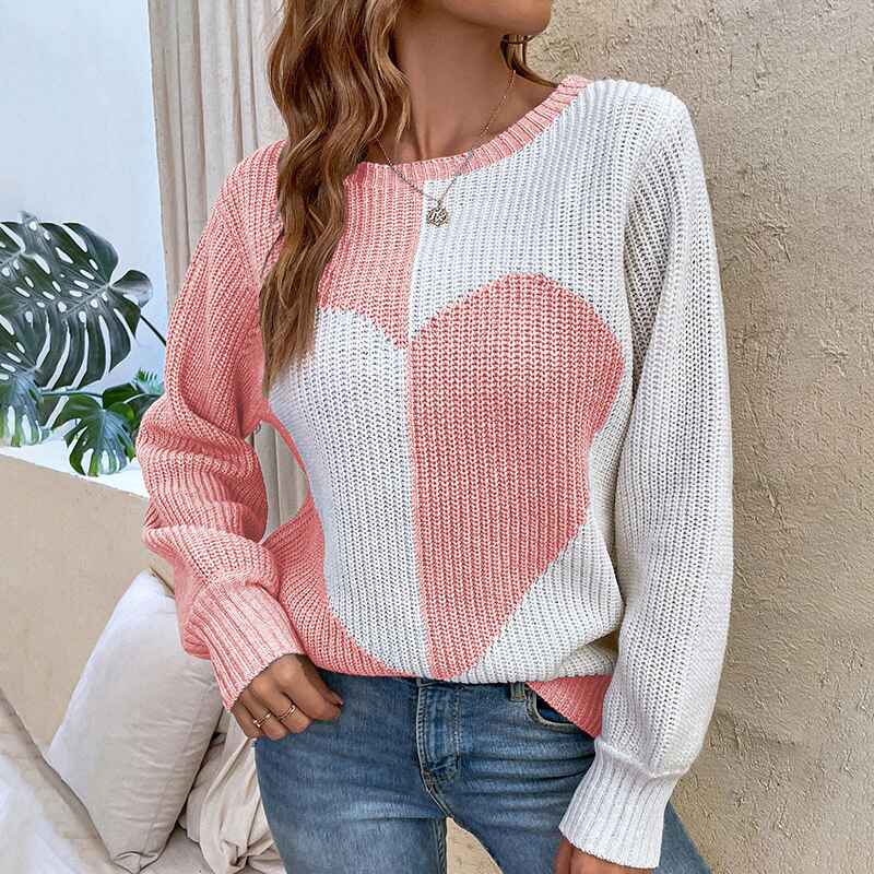 Pink-Womens-Pullover-Sweaters-Long-Sleeve-Crewneck-Cute-Heart-Knitted-Sweater-K489
