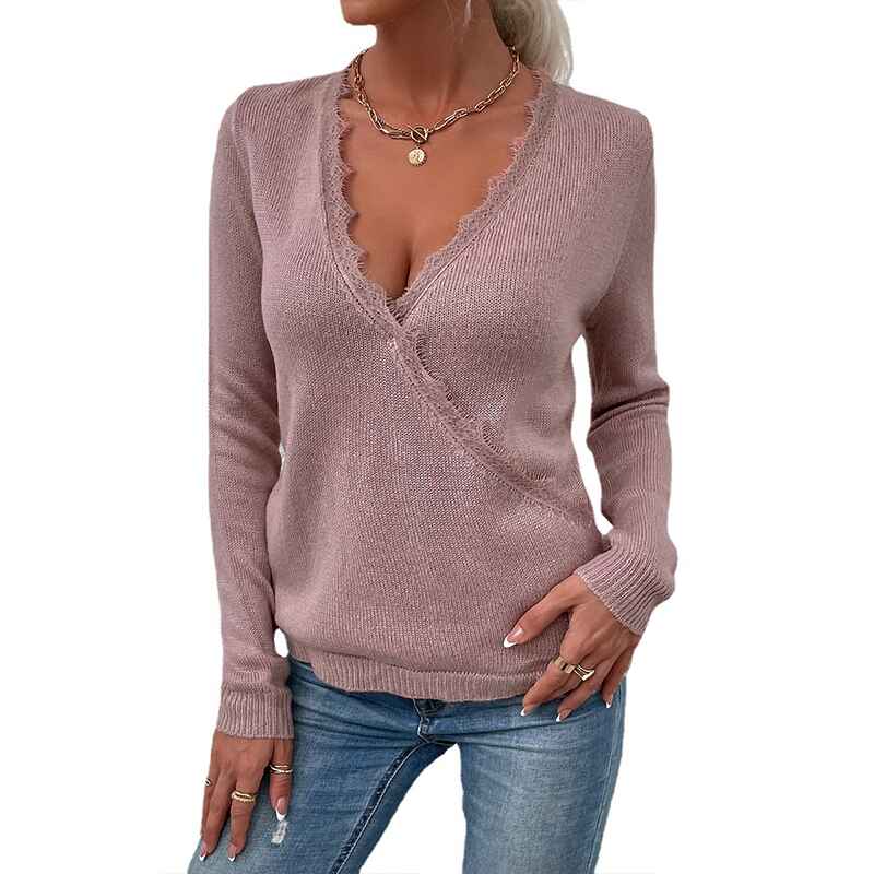 Pink-Womens-Solid-Color-Lace-Trim-Criss-Cross-Wrap-V-Neck-Long-Sleeve-Sweater-Pullover-Top-K303