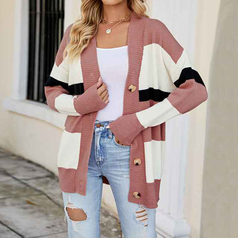    Pink-Womens-Striped-Cardigan-Sweater-Open-Front-Button-Down-Cardigan-Coat-Outwear-K498