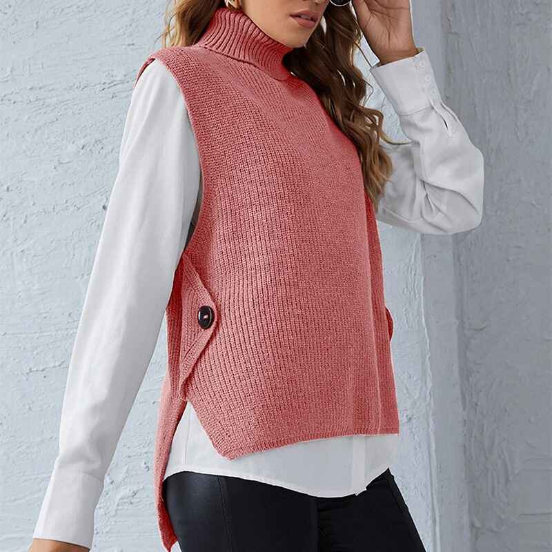 Pink-Womens-Sweater-Vest-Cable-Knit-Turtleneck-High-Neck-Sleeveless-Pullover-Tank-Top-K015