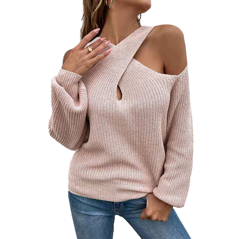 Pink-Womens-Sweaters-Casual-Off-Shoulder-Tops-Crossed-V--Neck-Long-Sleeve-Crop-Halter-Pullover-K217-Front