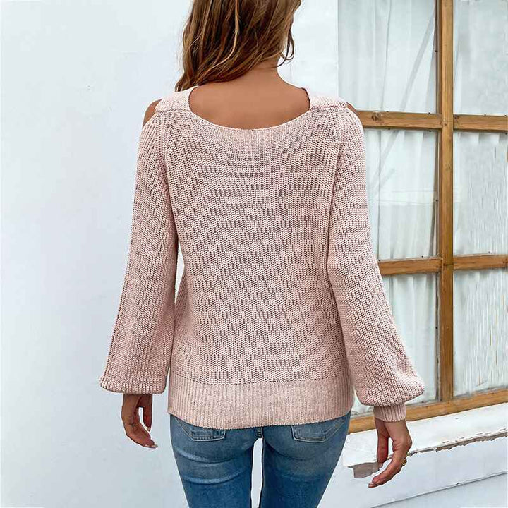 Pink-Womens-Sweaters-Casual-Off-Shoulder-Tops-Crossed-V-Neck-Long-Sleeve-Crop-Halter-Pullover-K217-Back