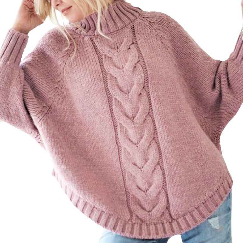Pink-Womens-Turtleneck-Sweaters-Cable-Knit-Long-Sleeve-Pullover-Sweater-Jumper-K049