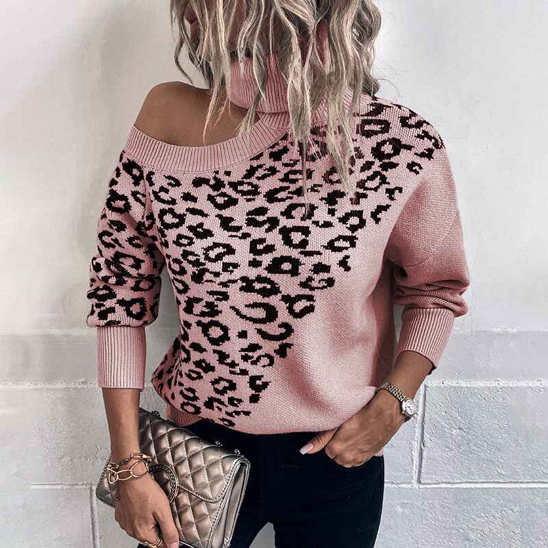 Pink-Womens-Turtleneck-Sweaters-Leopard-Print-Stitching-Knit-Pullover-Off-Shoulder-Comfy-Sweater-Tops-K417