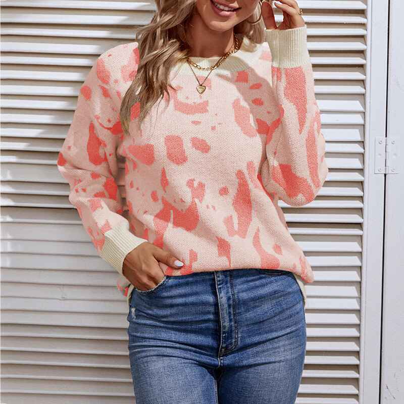 Pink-Womens-Ultra-Soft-Jacquard-Crewneck-Pullover-Sweater-K268