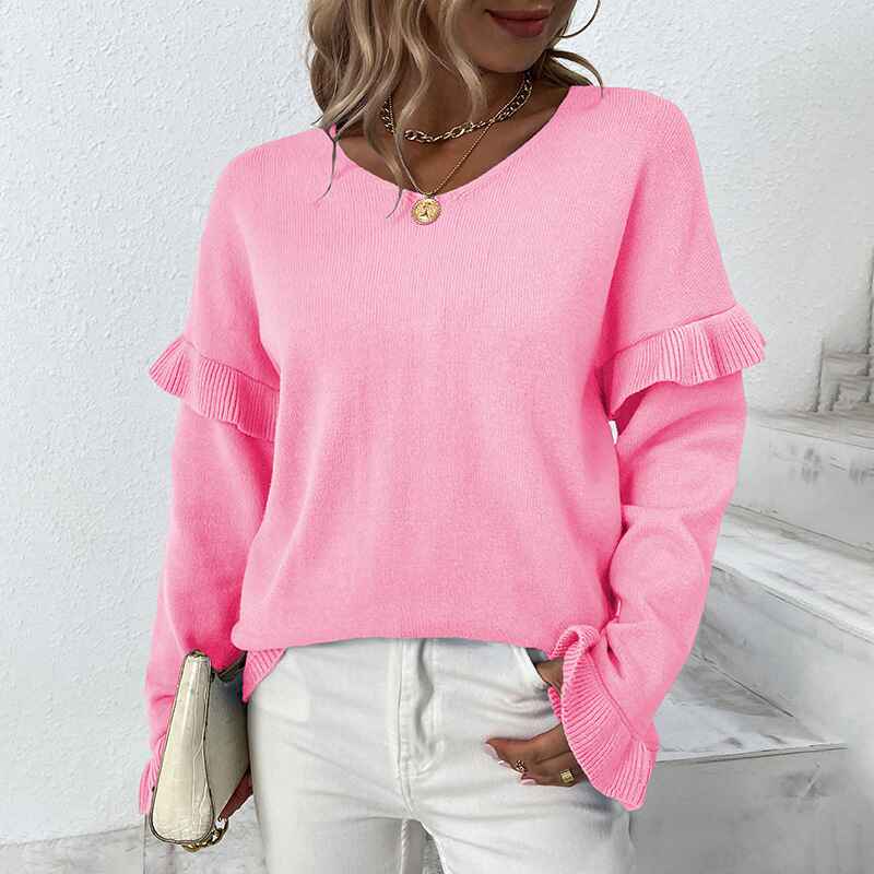 Pink-Womens-V-Neck-Long-Sleeve-Blouse-Loose-Fit-Tunics-Ruffles-Knit-Solid-Color-Tops-Fall-Tee-Shirts-K264