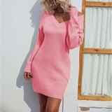 Pink-Womens-V-Neck-Long-Sleeve-Bodycon-Mini-Sweater-Dress-Fall-Off-Shoulder-Ribbed-Knit-Wrap-Short-Dresses-K275-front