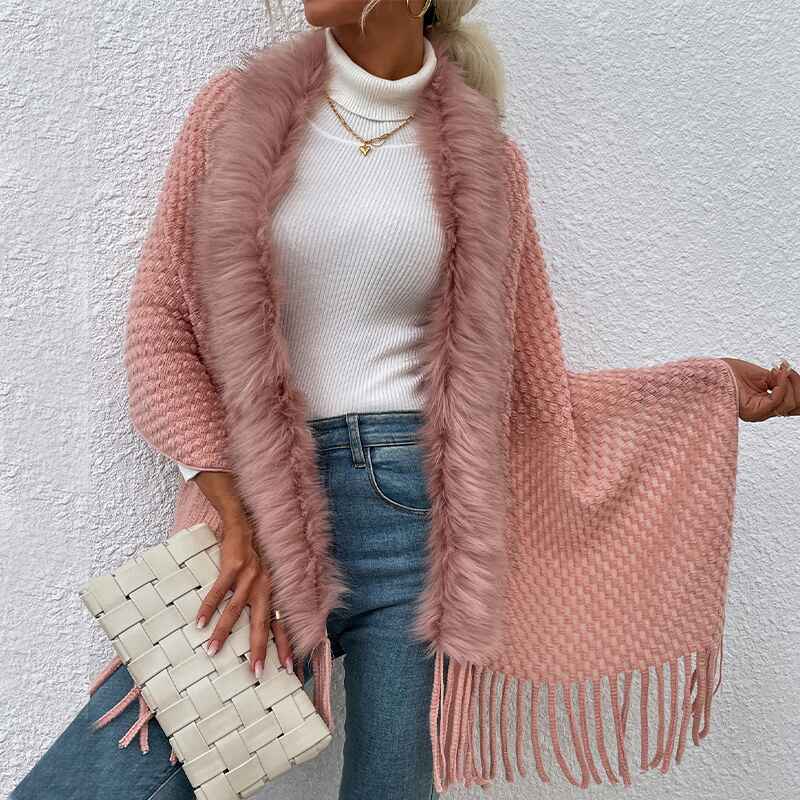 Pink-Womens-Wrap-for-Women-Soul-Young-Ladies-Fringe-Knitted-Poncho-Cardigan-Cape-K291-Front-2