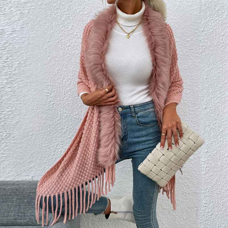 Pink-Womens-Wrap-for-Women-Soul-Young-Ladies-Fringe-Knitted-Poncho-Cardigan-Cape-K291-Front