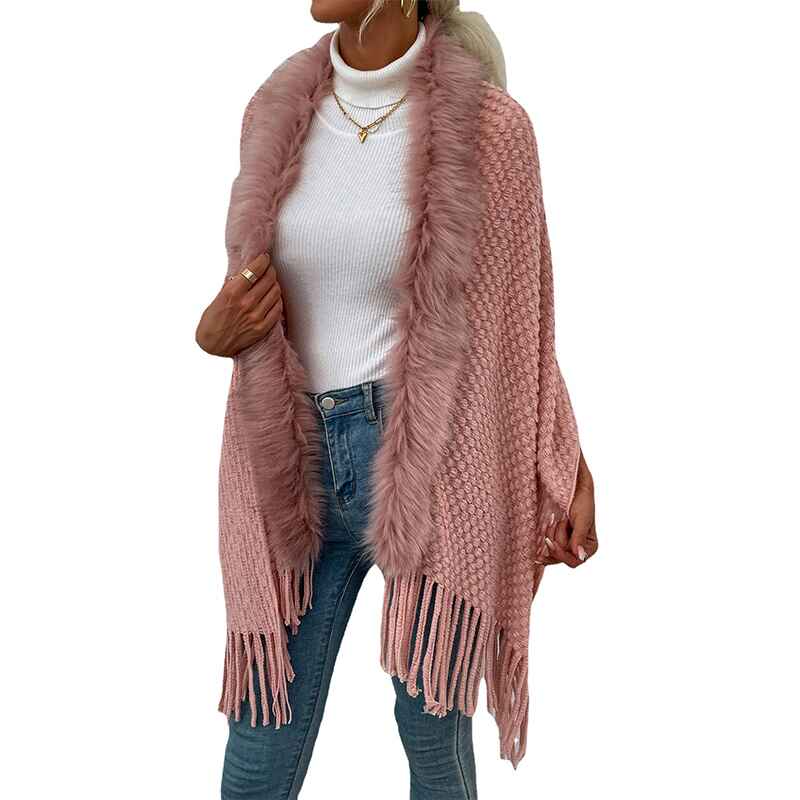 Pink-Womens-Wrap-for-Women-Soul-Young-Ladies-Fringe-Knitted-Poncho-Cardigan-Cape-K291
