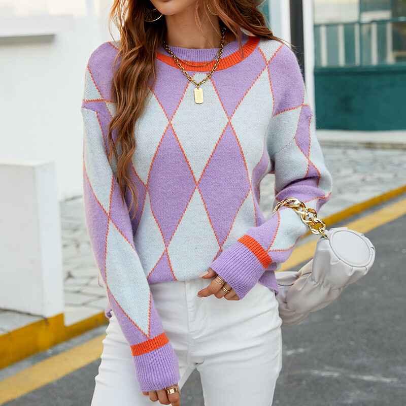 Purple-Womens-Argyle-Pattern-Round-Neck-Sweater-Teenage-Girl-Casual-Long-Sleeve-Color-Block-Pullover-Knit-Tops-K488-Front
