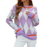 Purple-Womens-Argyle-Pattern-Round-Neck-Sweater-Teenage-Girl-Casual-Long-Sleeve-Color-Block-Pullover-Knit-Tops-K488
