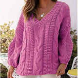    Purple-Womens-Deep-V-Neck-Sweater-Cable-Knit-Pullover-Jumper-Casual-Long-Sleeve-Loose-Tops-Knitwear-K045