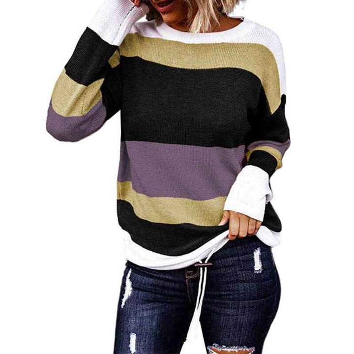     Purple-Womens-Leopard-Print-Color-Block-Tunic-Round-Neck-Long-Sleeve-Shirts-Striped-Causal-Blouses-Tops-K200-tops