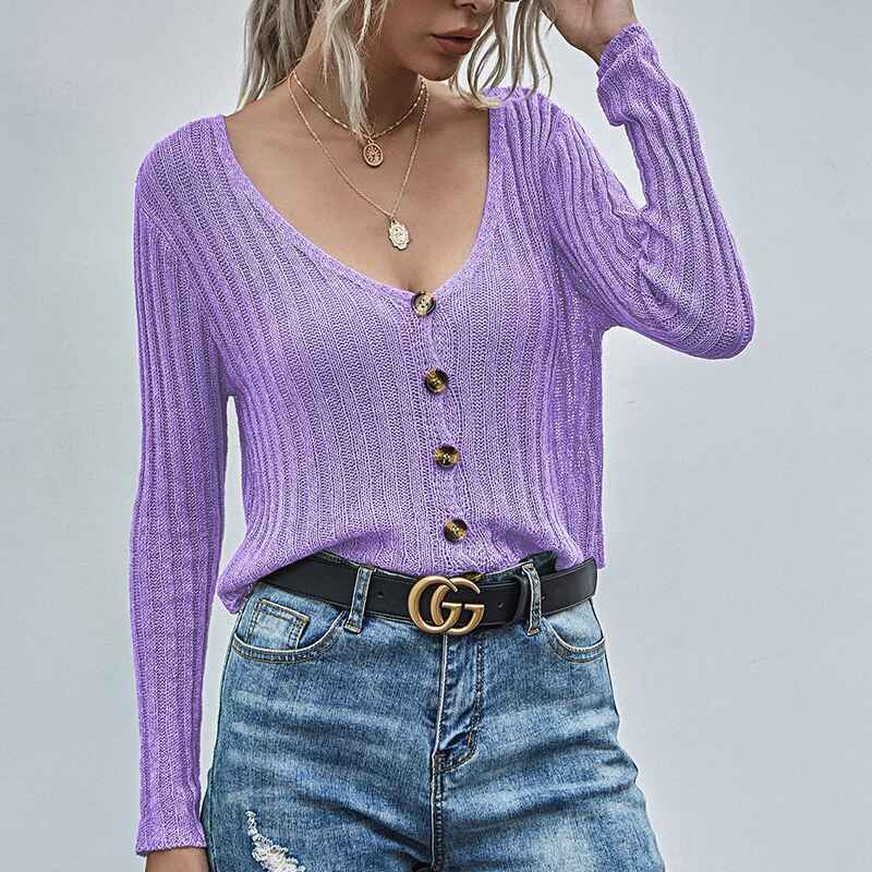 Purple-Womens-Long-Sleeve-Button-Down-V-Neck-Classic-Sweater-Knit-Cardigan-K342