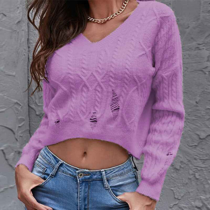 Purple-Womens-V-Neck-Cropped-Sweater-Long-Sleeve-Crop-Top-Cable-Knit-Oversized-Pullover-Sweater-K368