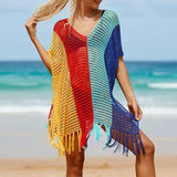 Red-Blue-Womens-beach-color-matching-hollow-knitted-blouse-sunscreen-knitted-dress