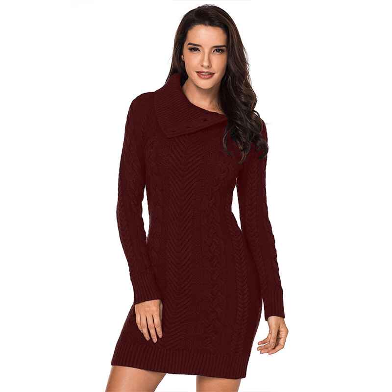    Red-Khaki-Women-Turtleneck-Long-Sleeve-Oversized-Cable-Knit-Chunky-Pullover-Short-Sweater-Dresses-K209