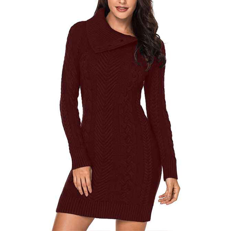 Women Turtleneck Long Sleeve Oversized Cable Knit Chunky Pullover Short Sweater Dresses K209