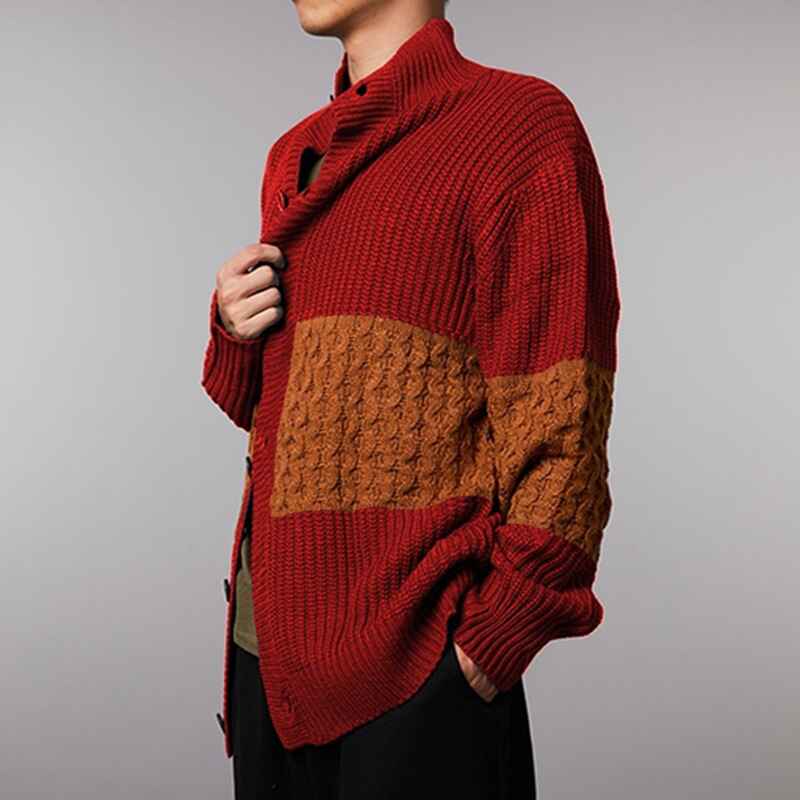 Red-Mens-Cardigan-Sweater-Stand-Collar-Button-Down-Color-Block-Cable-Knitted-Chunky-Cardigans-G057