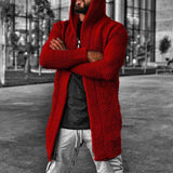 Red-Mens-Chunky-Needle-Heavy-Mid-Length-Knitted-Cardigan-Sweater-Attached-Hood-G039