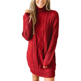 Red-Women-Turtleneck-Cable-Knit-Sweater-Dress-Casual-Loose-Long-Sleeve-Mini-Pullover-K056-Front