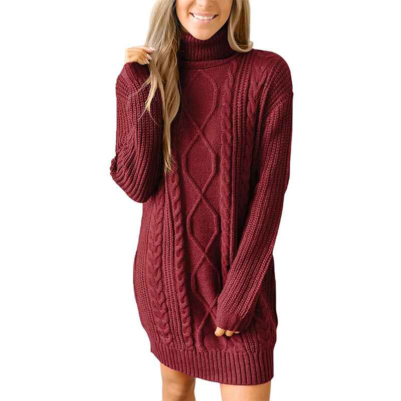     Red-Women-Turtleneck-Cable-Knit-Sweater-Dress-Casual-Loose-Long-Sleeve-Mini-Pullover-K056