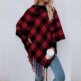    Red-Womens-Boho-Open-Front-Poncho-Cape-Oversize-Knitted-Plaid-Shawl-Wrap-Cardigan-Sweater-K323