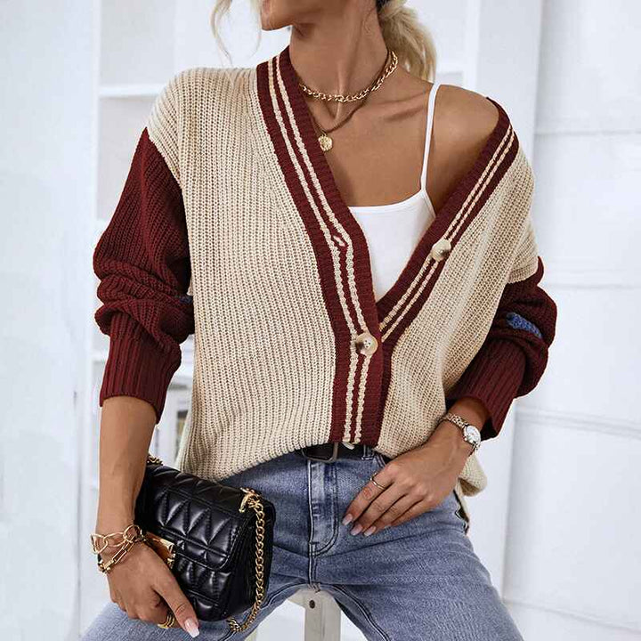 Red-Womens-Casual-Knit-Cardigan-Sweater-V-Neck-Drop-Shoulder-Button-Up-Loose-Outerwear-K446