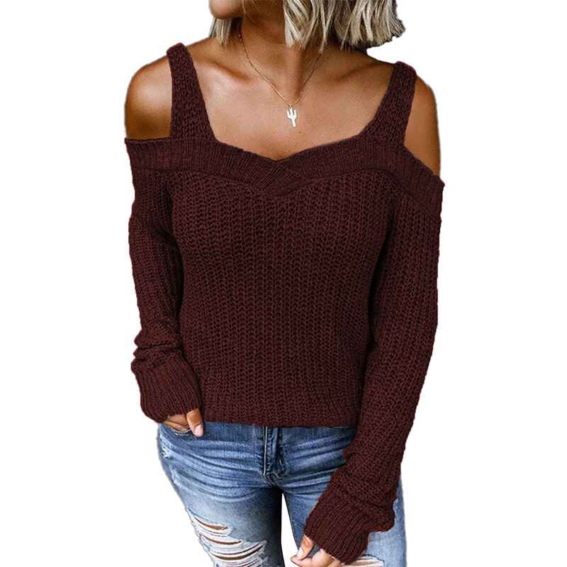 Red-Womens-Casual-Long-Sleeve-V-Neck-Cold-Shoulder-Knitted-Pullover-Sweater-Top-K197-tops