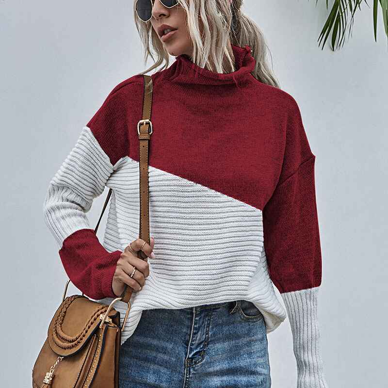 Red-Womens-Color-Block-Turtleneck-Sweaters-for-Women-Long-Sleeve-Cable-Knit-Pullover-Jumper-Tops-K339