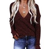    Red-Womens-Deep-V-Neck-Wrap-Sweaters-Long-Sleeve-Crochet-Knit-Pullover-Tops-K196-tops