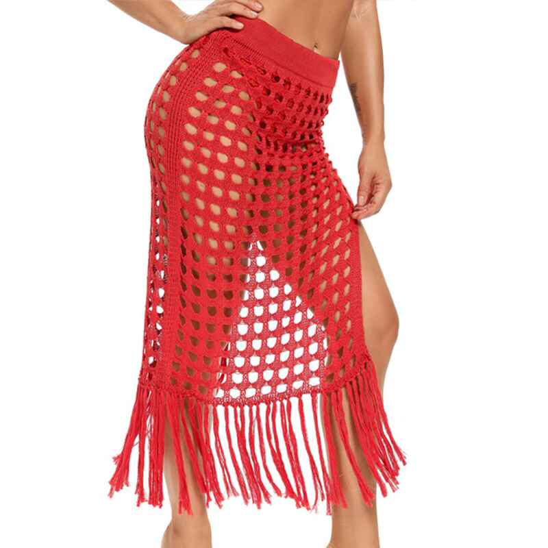     Red-Womens-Fringe-Split-Knitted-Swimsuit-Beach-Crochet-Cover-Up-Skirt-K551