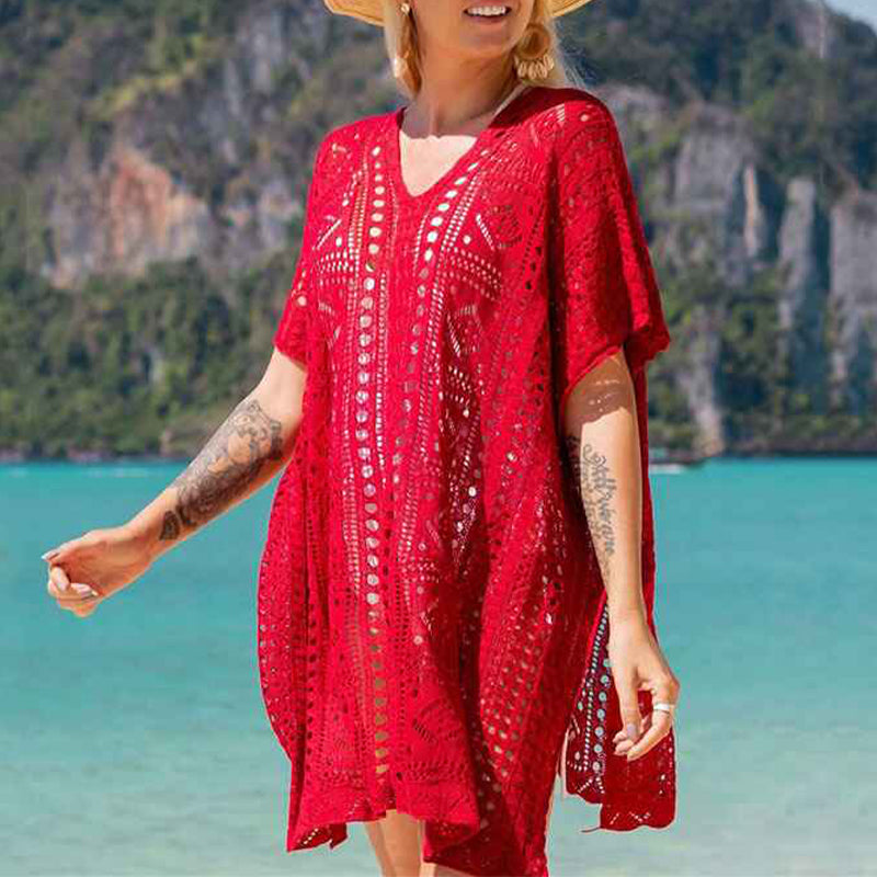     Red-Womens-Knitted-Cover-Up-Mini-Dress-Side-Split-Hollow-Out-Scoop-Neck-Short-Sleeve-Beach-Dresses-Side