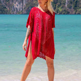 Red-Womens-Knitted-Cover-Up-Mini-Dress-Side-Split-Hollow-Out-Scoop-Neck-Short-Sleeve-Beach-Dresses