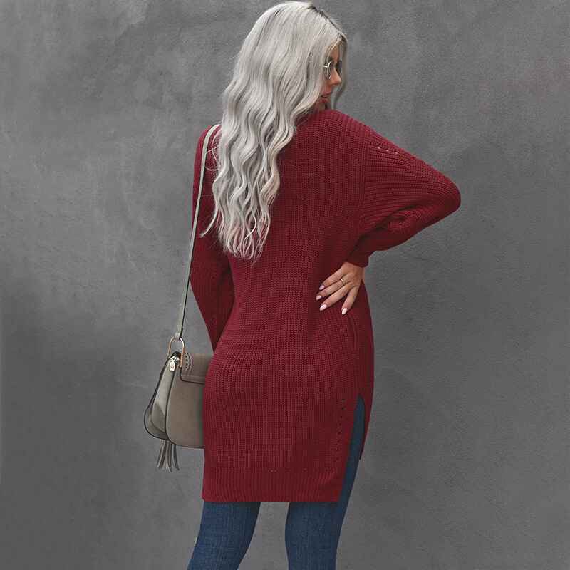     Red-Womens-Lightweight-Open-Front-Cardigan-Long-Knited-Cardigan-Sweater-with-Pockets-Soft-Knit-Outwear-K117-Back