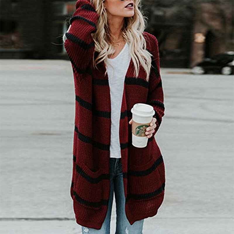 Red-Womens-Long-Cardigan-Open-Front-Color-Block-Cardigan-Knit-Sweaters-K074