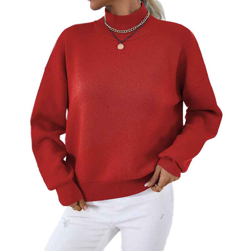 Red-Womens-Long-Sleeve-Turtleneck-Cozy-Knit-Sweater-Casual-Loose-Pullover-Jumper-Tops-K470