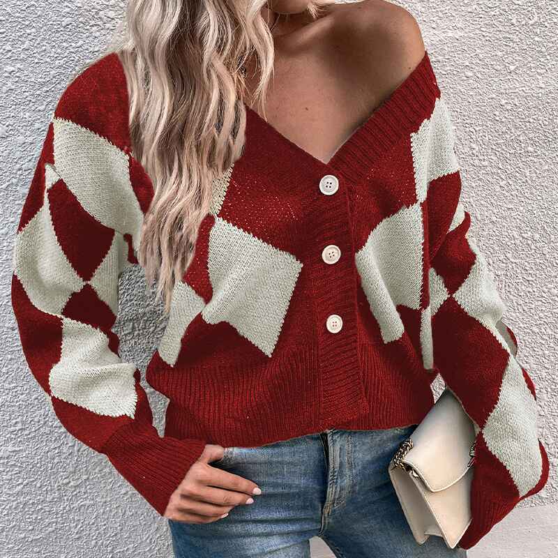Red-Womens-Long-Sleeve-V-Neck-Argyle-Knitted-Crop-Sweater-Pullover-Tops-Button-Up-Crop-Cardigan-K402-Front