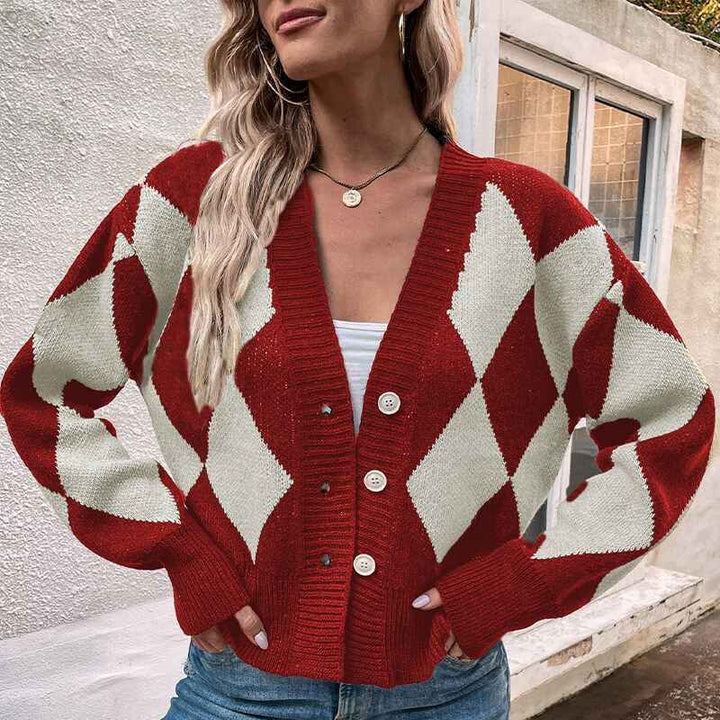 Red-Womens-Long-Sleeve-V-Neck-Argyle-Knitted-Crop-Sweater-Pullover-Tops-Button-Up-Crop-Cardigan-K402