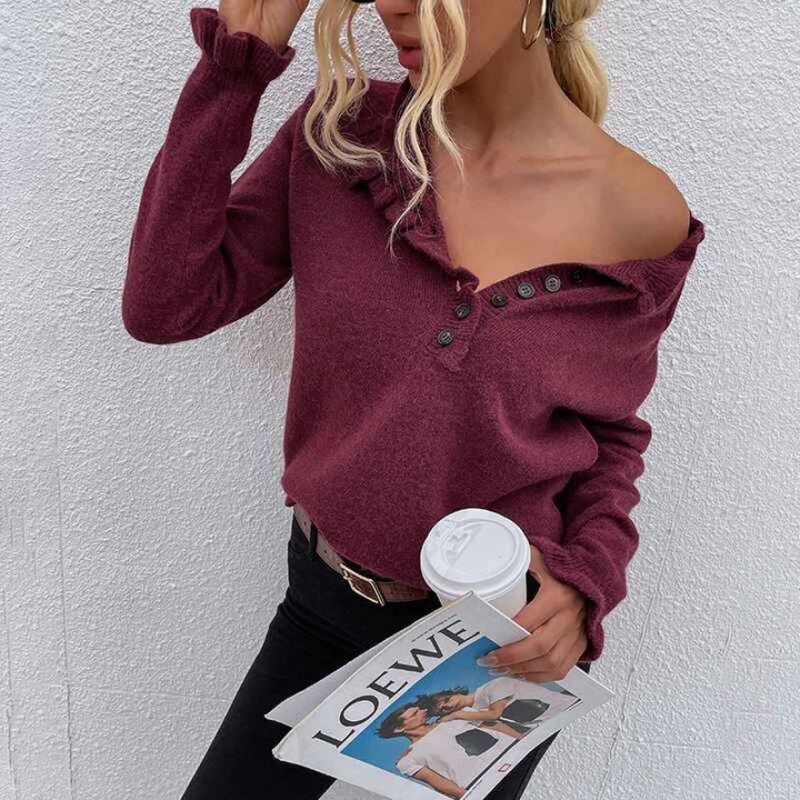 Red-Womens-Solid-Color-Long-Sleeve-Sweater-Round-Neck-Button-Ruffle-Pullover-Casual-Knit-Top-K261