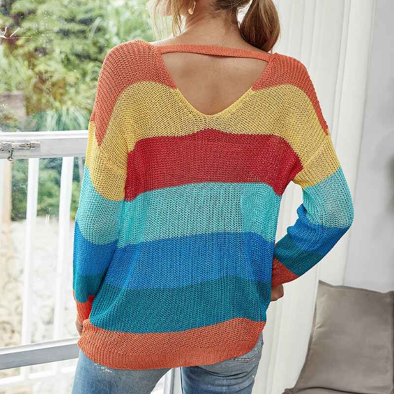 Red-Womens-Sweaters-Long-Sleeve-Crew-Neck-Color-Block-Striped-Oversized-Casual-Knitted-Pullover-Tops-K358-Back