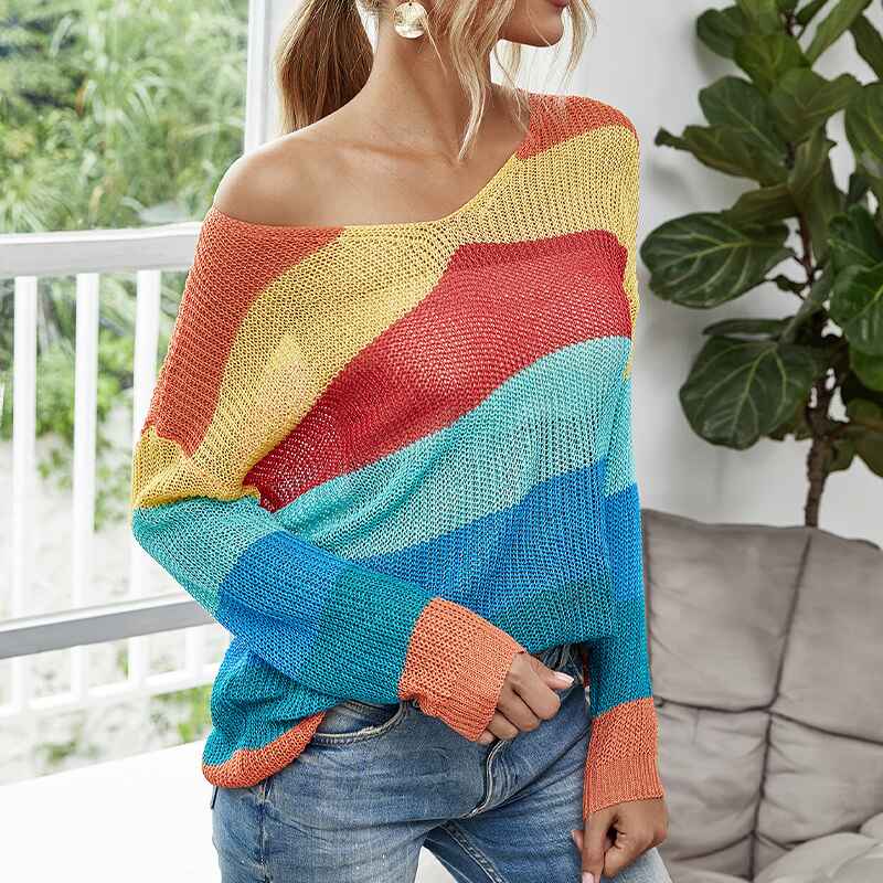     Red-Womens-Sweaters-Long-Sleeve-Crew-Neck-Color-Block-Striped-Oversized-Casual-Knitted-Pullover-Tops-K358-Side