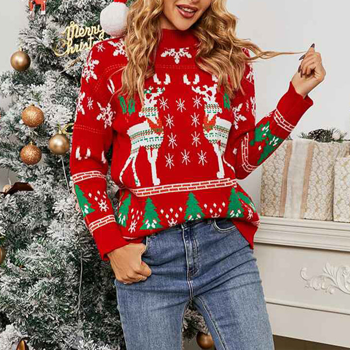 Red-Womens-Ugly-Christmas-Sweaters-Snowflake-Reindeer-Long-Sleeve-Holiday-Knit-Xmas-Sweater-Pullover-Tops-K450-Front