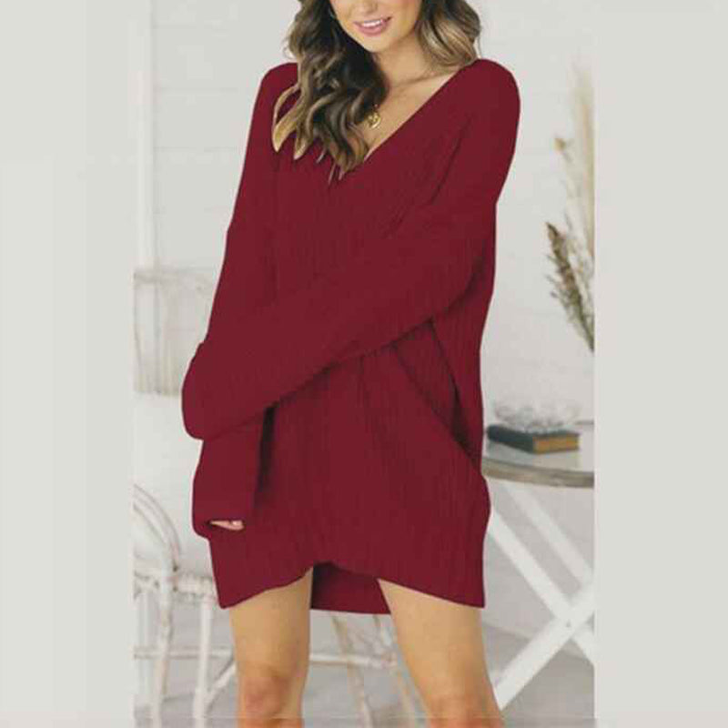 Red-Womens-V-neck-long-sleeve-solid-color-loose-knitted-dress-K047