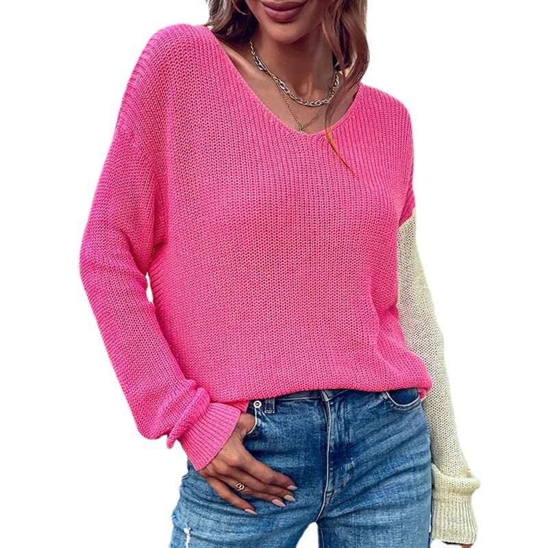 Rose-Red-Womens-Fall-Sweaters-Womens--Autumn-And-Winter-Color-Block-Long-Sleeve-V-Neck-Thermal-Sweater-Casual-Ribbed-Knitted-K220