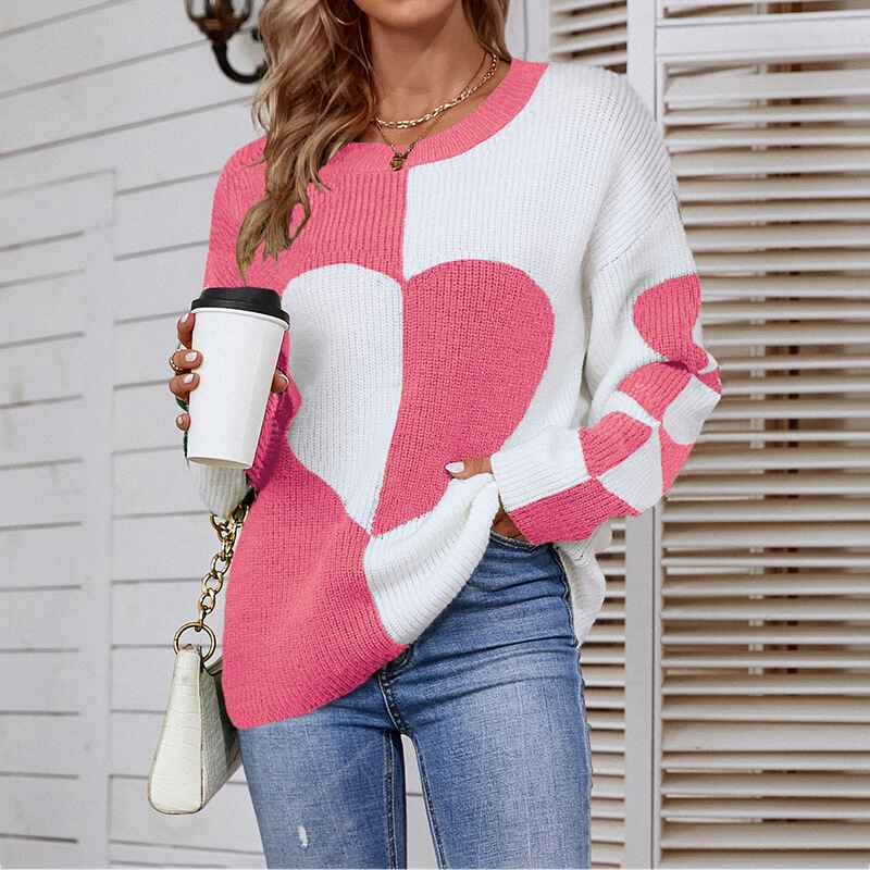 Rose-Womens-Pullover-Sweaters-Knit-Long-Sleeve-Cable-Heart-Patch-Jumper-Tops-K265