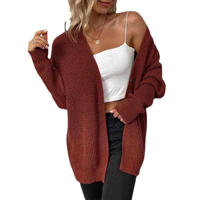 Rust-Red-Womens-Button-Down-Vee-Neck-Long-Sleeve-Rib-Knit-Cardigan-Sweaters-K473